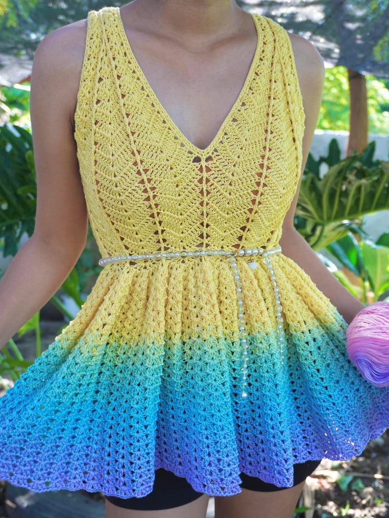 Modern Boho Crochet Dress Pattern PDF Beachwear Summer Crochet Dress Pattern Festival Crochet Top | Meribella Peplum Top and Dress