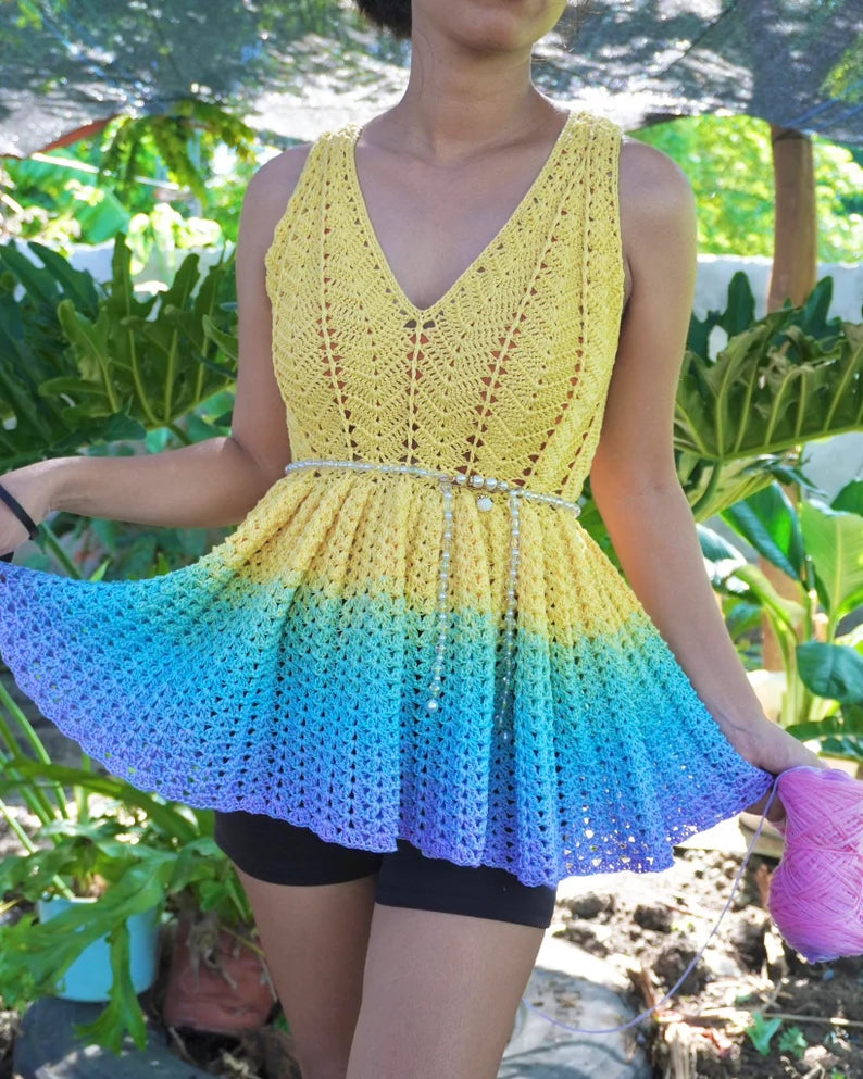 Modern Boho Crochet Dress Pattern PDF Beachwear Summer Crochet Dress Pattern Festival Crochet Top | Meribella Peplum Top and Dress