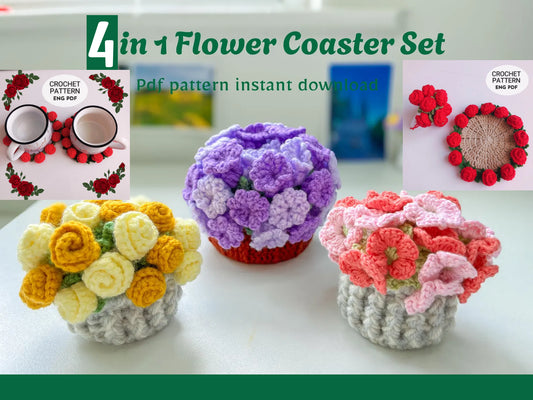 🌸 Flower Pot Coaster Set Pattern – DIY Crochet Floral Coasters 🌼 | Beginner-Friendly Home Decor 🏡 | Perfect for Mother’s Day 💐 or Housewarming 🎁 | Includes Video Tutorial 🎥
