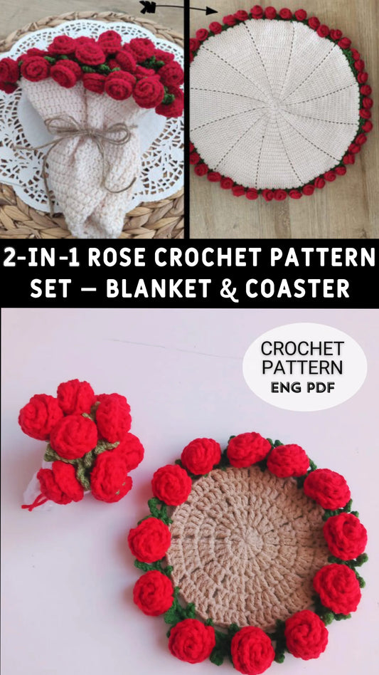 🌹 Rose Bouquet Blanket + Coaster Patterns 🌸 | Elegant Crochet Set | PDF with Step-by-Step Instructions 🧶